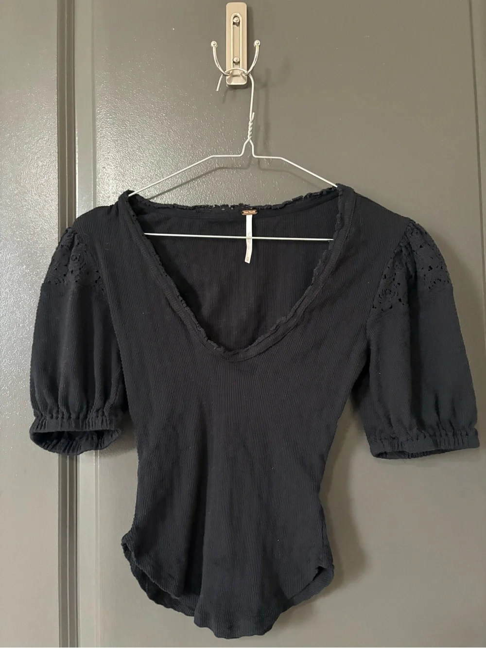 Free People Black Puff Sleeve V-Neck Top with Eyelet Shoulders